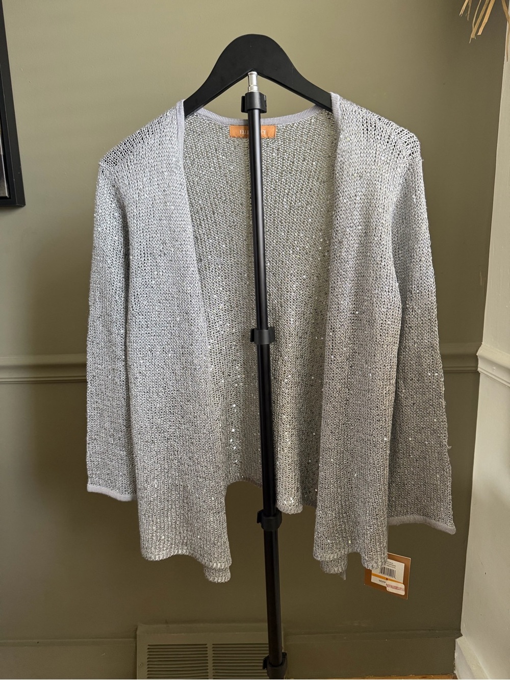Ellen Tracy Silver-Light Gray Open-Front Knit Cardigan